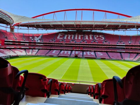 Lisbon, Portugal - August, 9, 2021 - Sport Lisboa e Benfica football Stadium. Luz arena. Indoor seat view