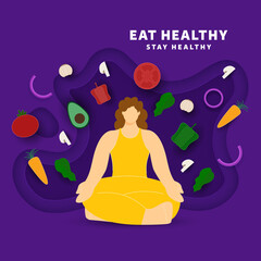 Faceless Young Woman Meditating And Eco Products Or Healthy Food On Purple Paper Layer Cut Background.