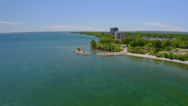 Aerial View of waterfront park on a summer day. Drone footage of Burlington Ontario.