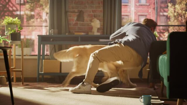 Young Adult Man Having Fun And Playing With His Golden Retriever Pet On A Living Room Floor. Dog Owner Training And Teasing His Canine Friend With A Ball At Home.