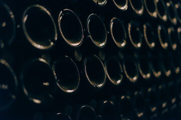 Green bottles of wine or champagne. Champagne production.