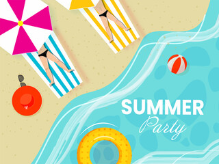 Summer Party Poster Design With Top View Of Human Lying At Sunbed, Umbrella And Swimming Ring On Beach View Background.