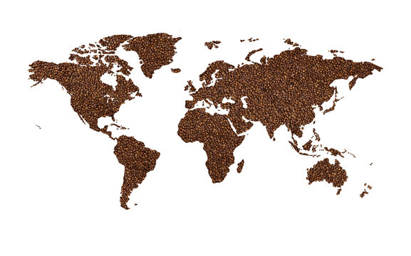World map from roasted coffee beans on a white background. Coffee consumption around the world. Copy space for advertising text