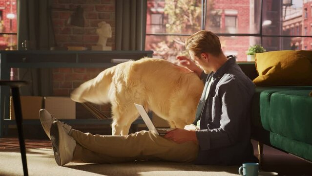 Portrait of a Handsome Young Adult Male Sitting on a Floor and Using Laptop Computer in Sunny Loft Living Room. Golden Retriever Dog Sitting Next to Him and Wanting to Play and Get Petted.
