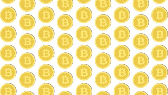 Animation or motion graphic Many illustrations of cartoon golden bitcoins moving up and down the lines as a pattern background