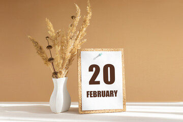 february 20. 20th day of month, calendar date.White vase with dried flowers on desktop in rays of sunlight on white-beige background. Concept of day of year, time planner, winter month