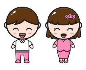 Obraz na płótnie Canvas Cute cartoon couple illustration wearing pink casual clothes