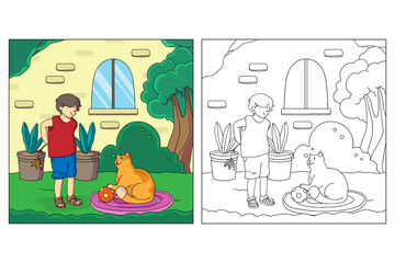 Fototapeta premium Hand drawn Kid and Pet Coloring page