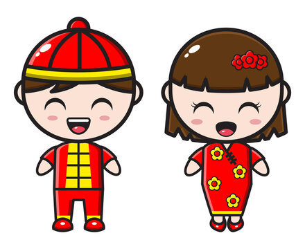 Cute cartoon couple illustration wearing cheongsam