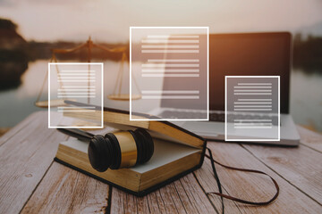 Business and lawyers discussing contract papers with brass scale on desk in office. Law, legal services, advice, justice and law concept picture with film grain effect