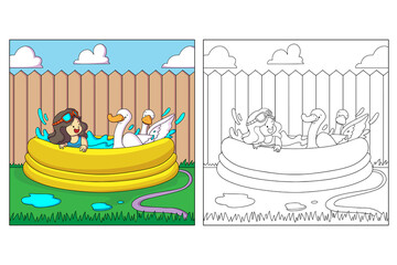 Hand drawn Kid and Pet Coloring page