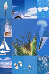Set of trendy aesthetic photo collages. Minimalistic images of one top color. Blue Marine style...