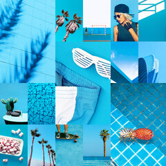 Set of trendy aesthetic photo collages. Minimalistic images of one top color. Fresh Tropical Blue summer moodboard