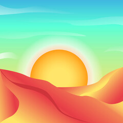 Desert landscape, sunrise on the background of sand dunes. Vector illustration. Design for printing books, posters.
Printing on clothes, t-shirts, textiles. Icon for social networks. Book illustration