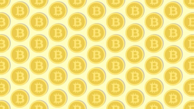 Animation or motion graphic Many illustrations of cartoon golden bitcoins moving up and down the lines as a pattern background