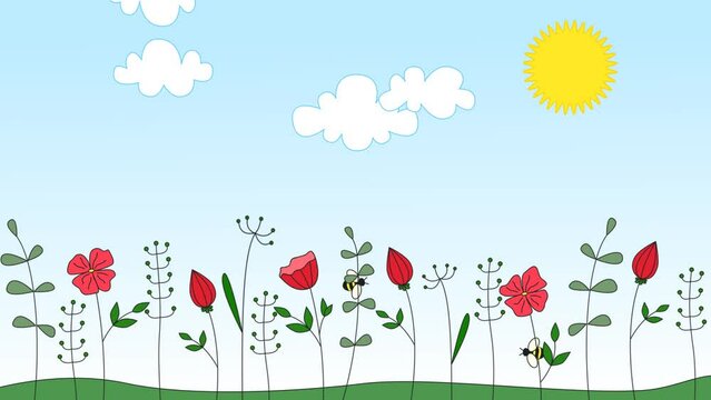 Animation illustration or motion design Several cheerful bees fly among red flowers and green plants that sway in the wind against a blue sky with white clouds and a yellow sun