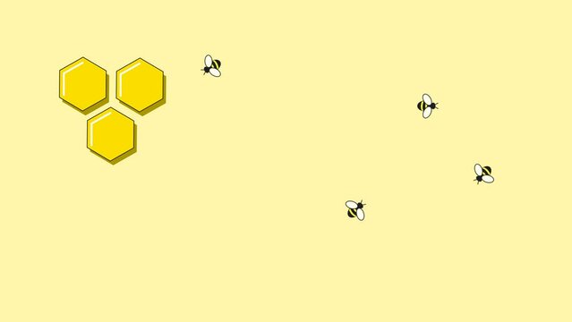 Animation or motion graphic Several busy happy bees flying on a yellow background with three pulsating honeycombs copy space for text
