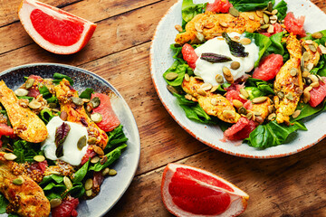 Healthy salad of chicken meat and grapefruit