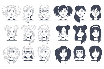 Avatars vector cartoon icons set isolated on a white background.