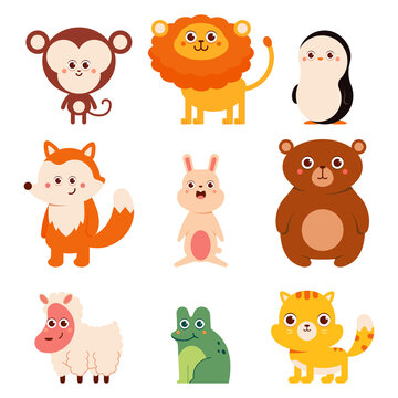 Cute jungle, forest, farm animals and pets vector cartoon characters set isolated on a white background.