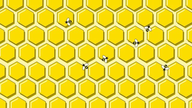 Animation or motion graphic Many busy happy bees fly against the backdrop of a pattern of many yellow pulsating volumetric honeycombs