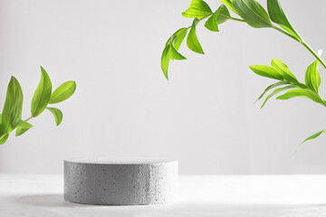 Concrete podium and green leaves