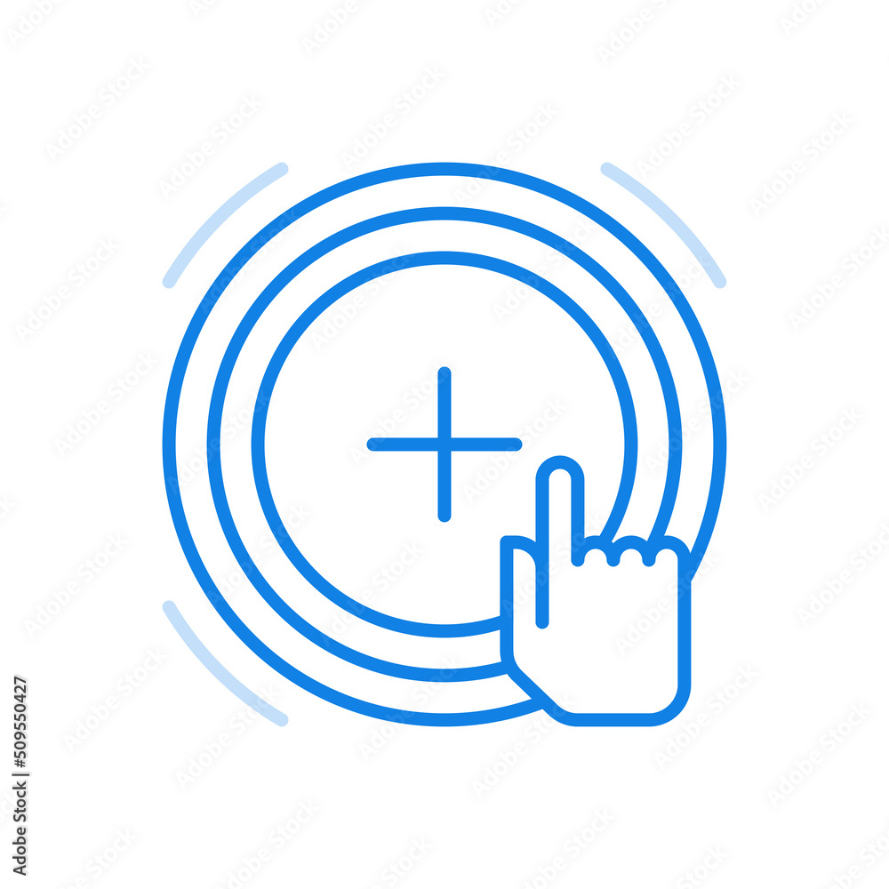 Poster add item vector line icon. electronic ordering service finger presses on cross in circle.