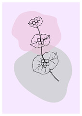 Abstract floral background with honeysuckle branch, freehand drawing and geometric shapes in pastel colors. Modern minimalistic aesthetic illustrations, design for wall decoration, postcards, posters.