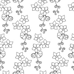 Seamless pattern with a garland of decorative flowering branches with on a white background, outline drawing by hand.