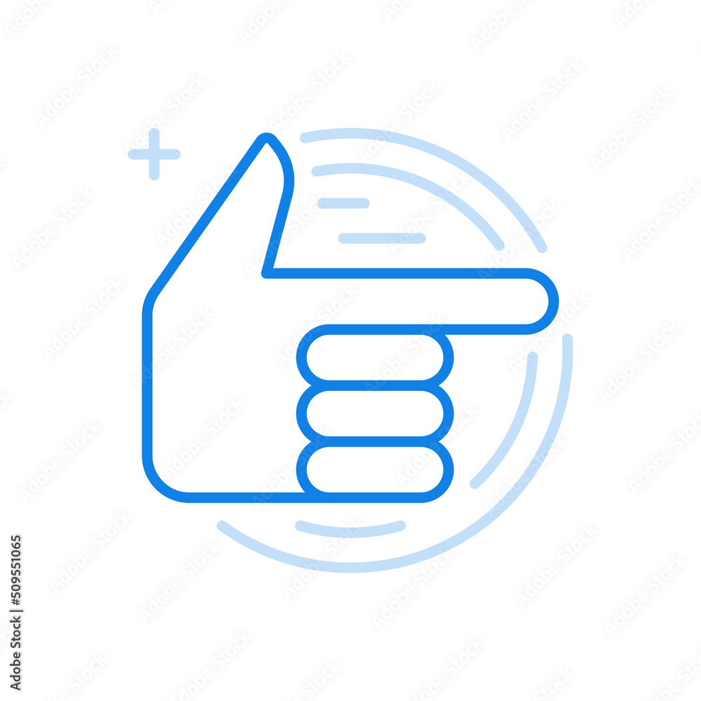 Poster hand shows right vector line icon. pointer direction gesture.