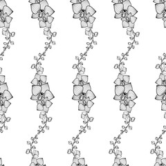 Seamless pattern with orchid branches, flowers, buds, vertical linear ornament with black outline.