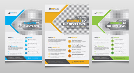 Obraz premium Blue, Yellow, Green Color, Modern A4 Corporate Flyer Template Layout, Professional Business Leaflet Mailer Creative Clean Design