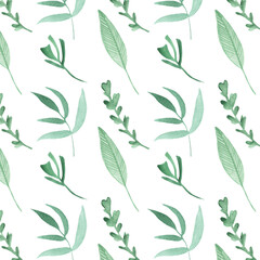 Background with green leaves, pattern in vintage watercolor style.