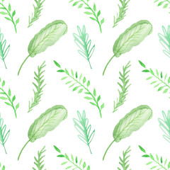 Background with green leaves, pattern in vintage watercolor style.