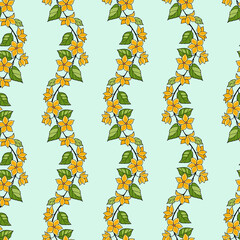 Seamless pattern with a garland of decorative flowering branches with yellow flowers, foliage on a blue background