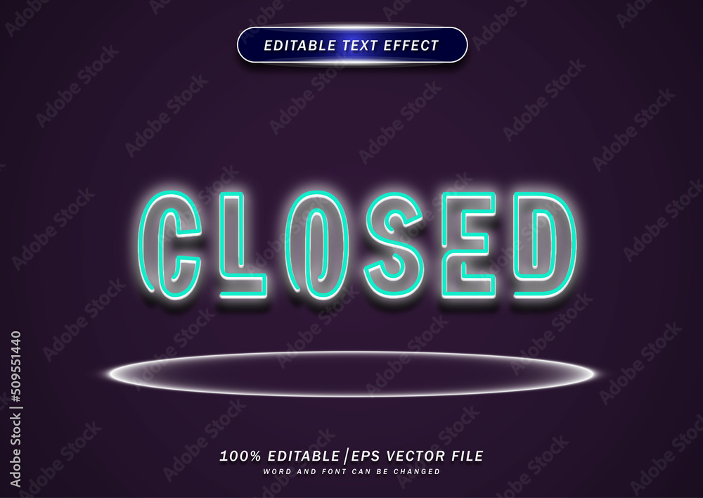 Poster blue closed neon text style effect editable. light style font effect design.
