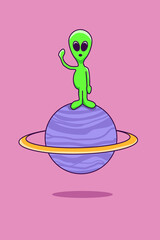 Cute Alien on Saturn Cartoon Illustration