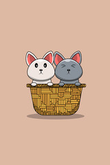 Cute Kitten in A Basket Cartoon Illustration
