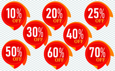 10,20,25,30,40,50,60,70 Percentage Special offer sale red tag isolated vector illustration. Discount offer price label
