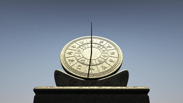 sundial with bronze in blue sunny sky 3D rendered time lapse
