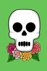 Design Skull on the Flowers Cartoon Illustration