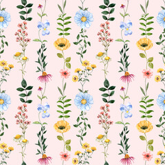 Wildflowers, forest herbs, and meadow plants have seamless pattern. Watercolor floral print. Pretty botanical wallpaper. Summer blossom illustration with a pastel pink background.
