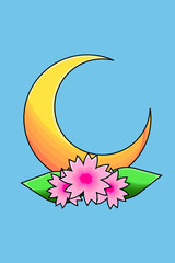 Design Half Moon and Flowers Illustration