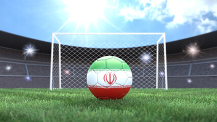 Soccer ball in flag colors on a bright sunny stadium background. Iran. 3D image