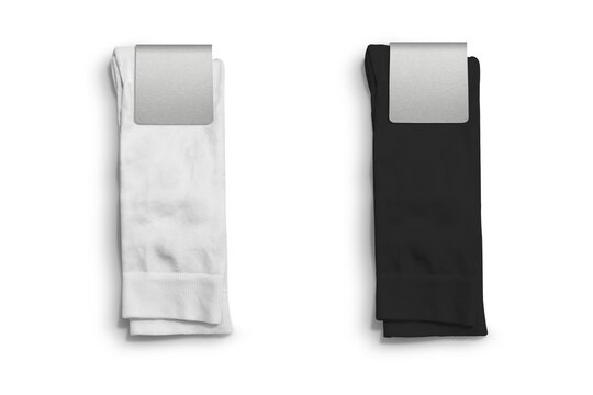 Blank New socks on a white background. Black and white pairs of socks mockup with blank label for your design. Isolated object. 3d rendering.