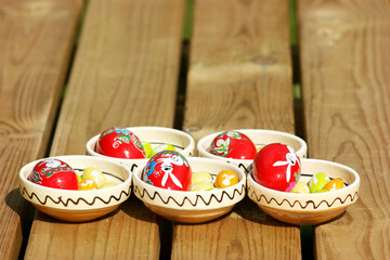 colorful easter eggs in bowls