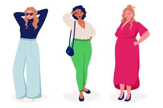 Young standing fat fashionable women in casual clothes. Vector isolated flat illustration.