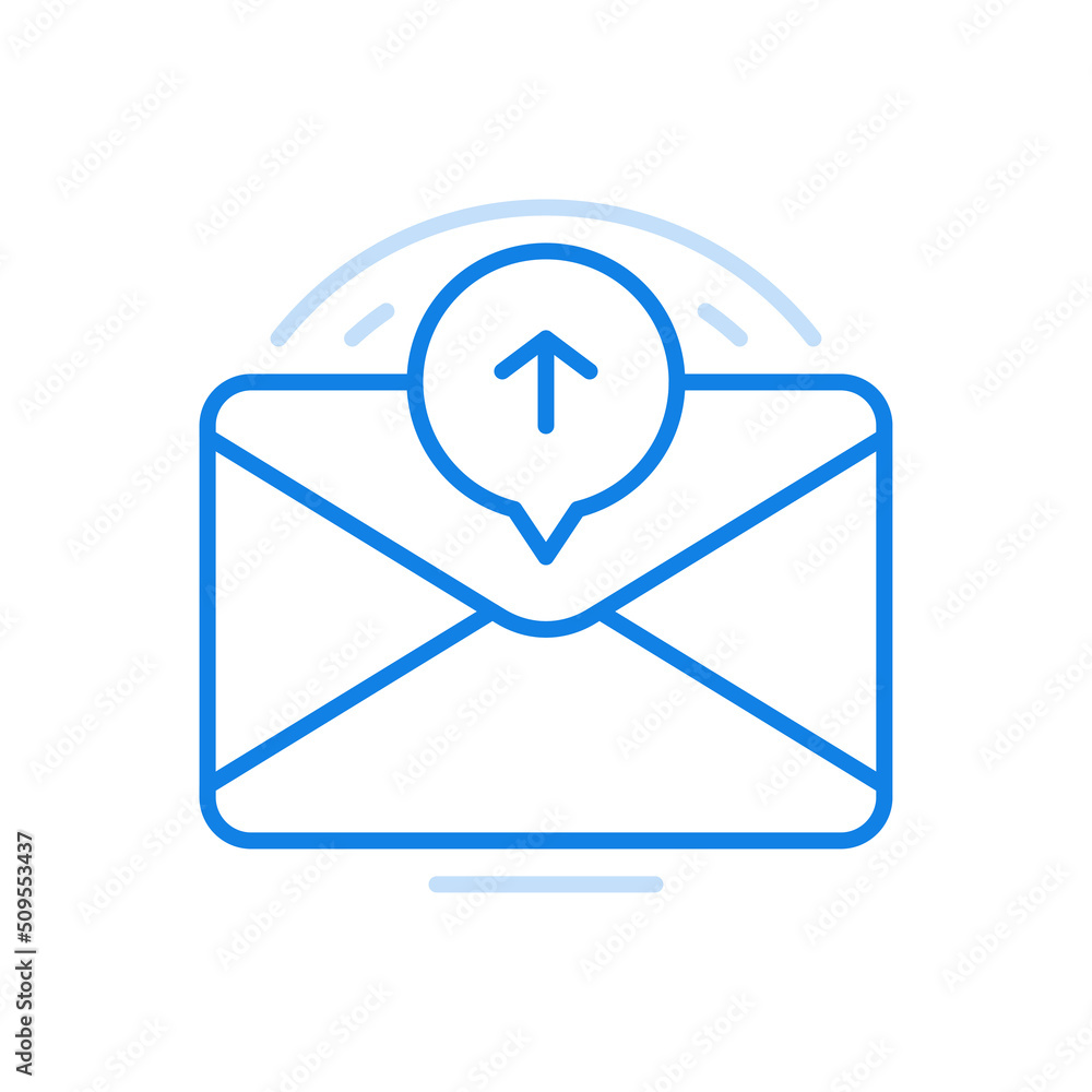 Poster sending letter by email vector line icon. closed envelope with arrow in circle.