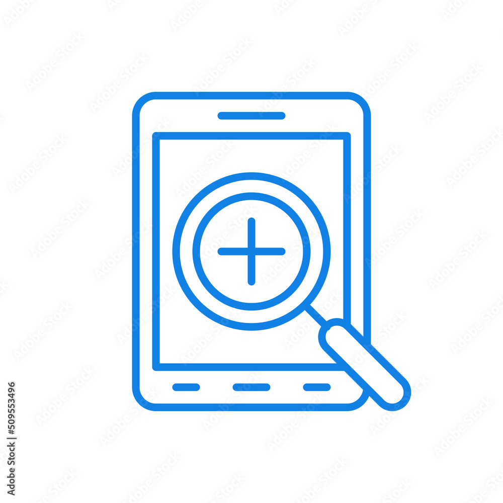 Poster checking electronic gadgets vector line icon. testing devices and installed applications.