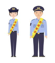 交通安全のたすきをかけている夏服の警察官たち